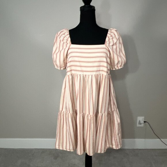 Loft Puff Sleeve Mini Dress Womens 4 Square Neck Cottage Babydoll Striped Tiered - Picture 2 of 9